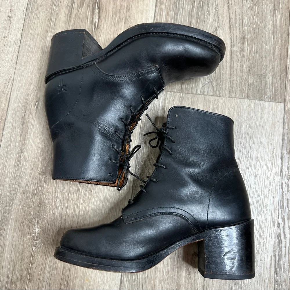 FRYE Combat Black Leather Lace Up Booties Boots Size 5.5 - Picture 9 of 16